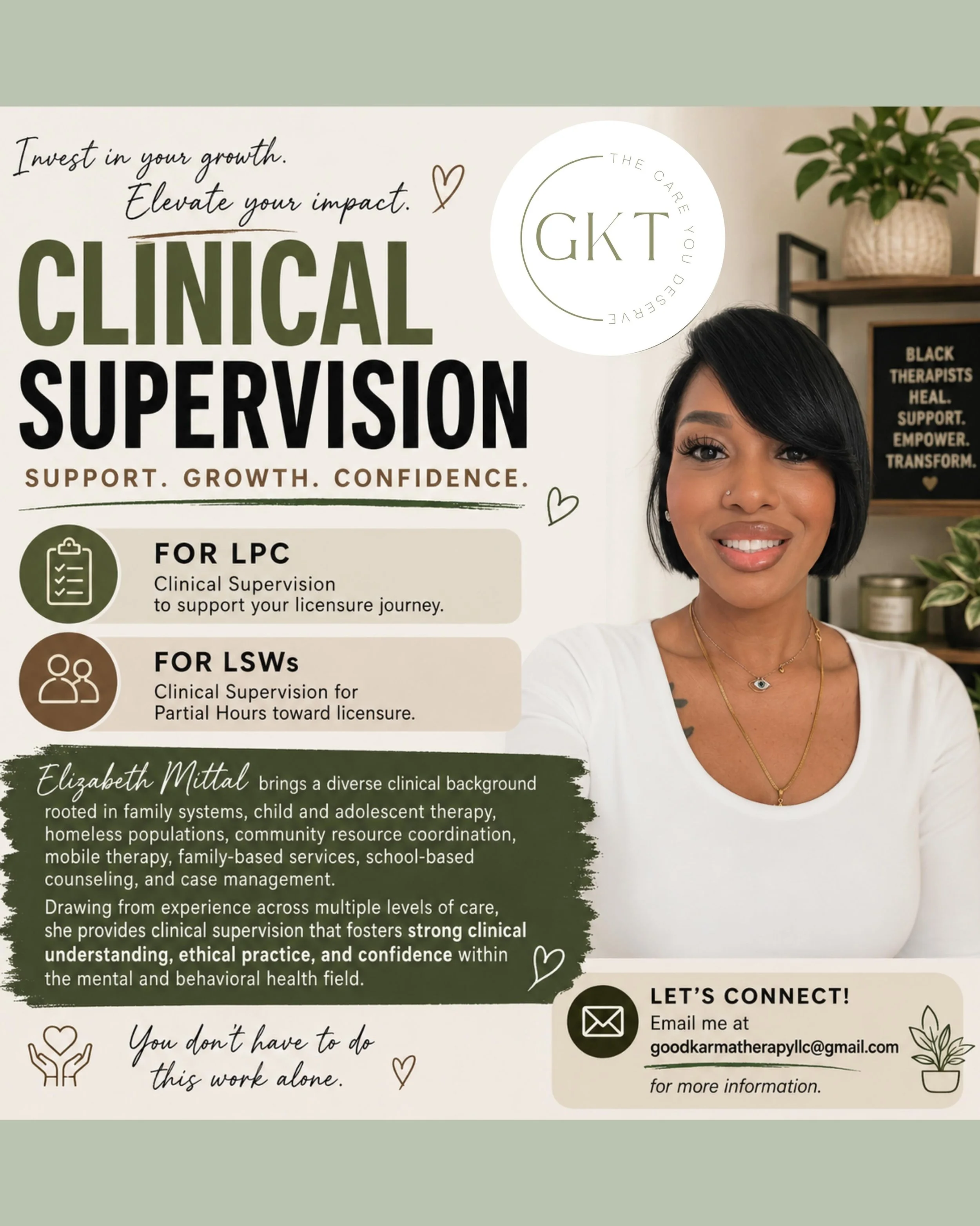 Offering clinical supervision to the next generation of LPCs because somebody opened the door for me. This field grows when we share knowledge, protect the integrity of the work, and make space for clinicians to lead with confidence and care. Paying 