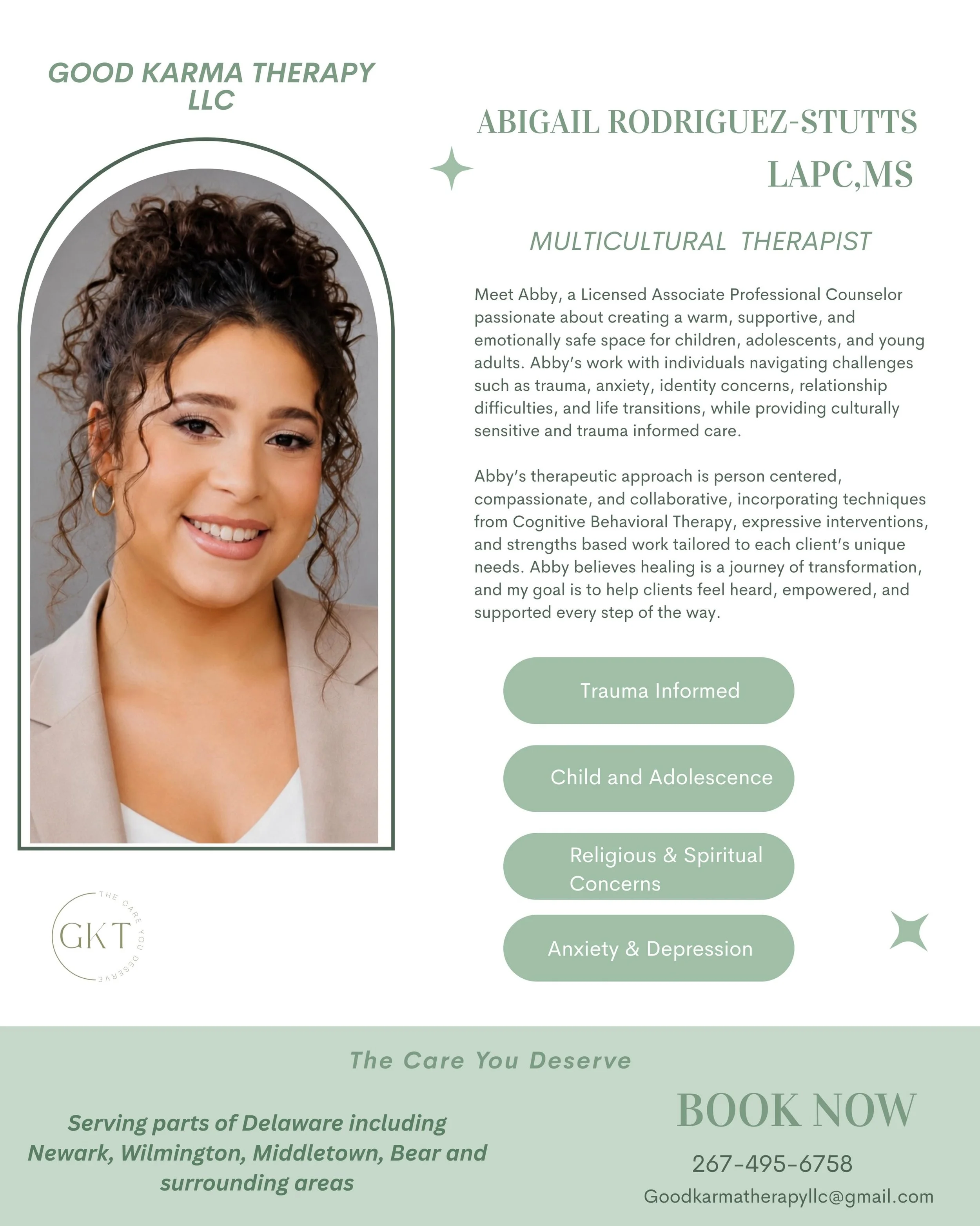 **✨ Meet Abby, LAPC, MS ✨**

We&rsquo;re excited to welcome Abby to our team!

Abby is a Licensed Associate Multicultural Therapist who provides a warm, supportive, and culturally responsive space for adolescents, young adults, and women.

**Areas of