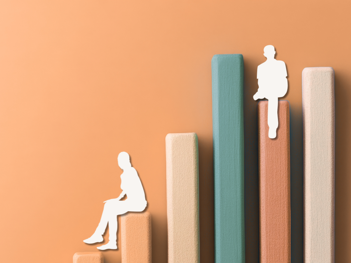 Silhouettes of people sitting on colorful bar chart columns, representing people analytics, workforce data, and performance insights.