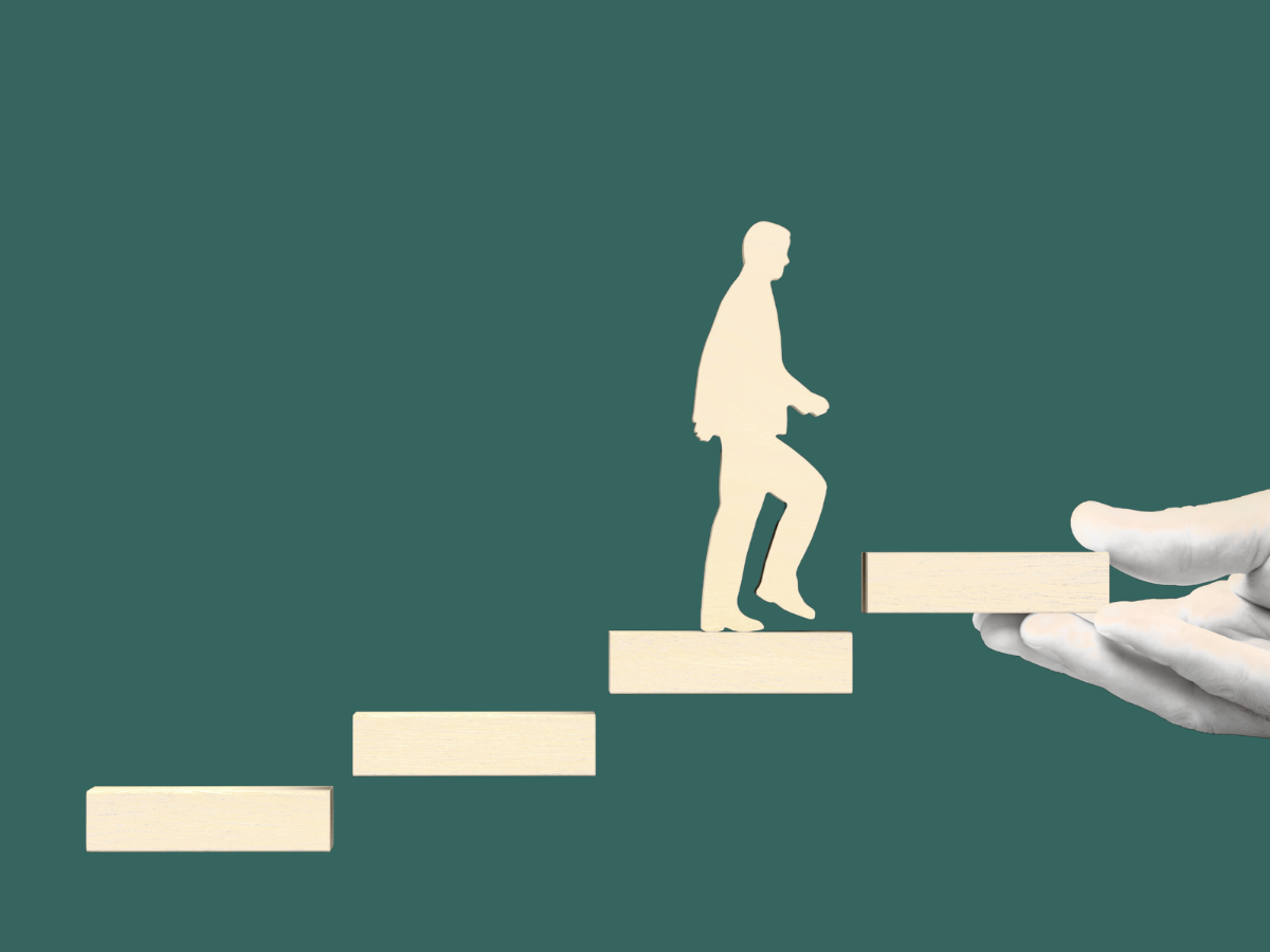 Illustration of a person walking up steps with a supportive hand holding one block, symbolizing SonderWorks strengthening client teams through training, documentation, and capability building.