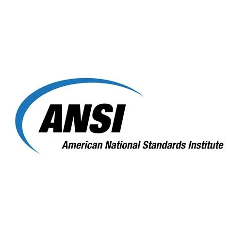 Logo of ANSI, the American National Standards Institute, featuring a blue swoosh and black text.