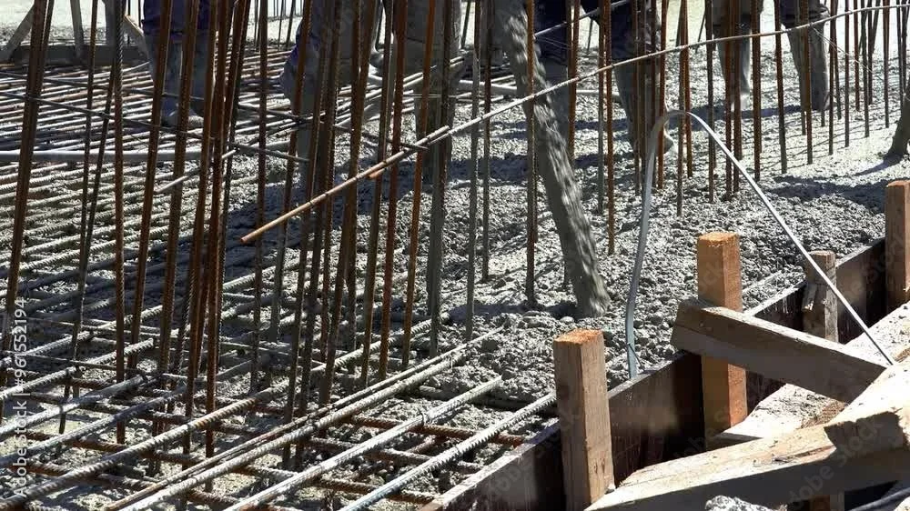Construction site with steel rebar and concrete being poured.