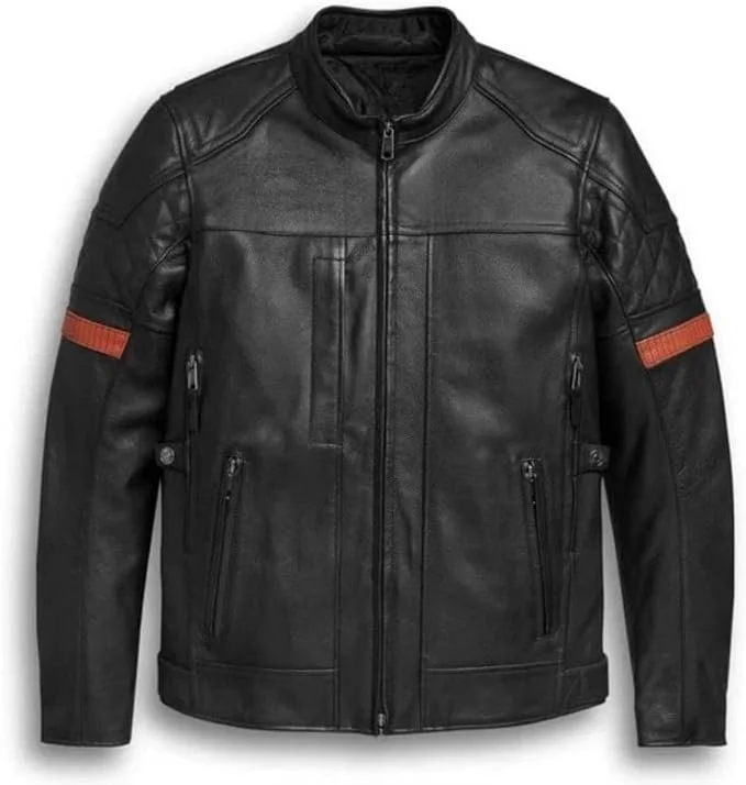 Men's Original Quilted Vanocker Cowhide Striped Biker Jacket with Dual Vents