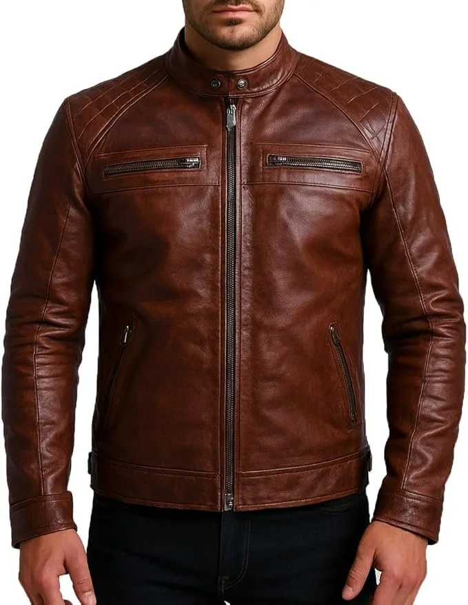 Distressed lambskin motorcycle jacket from our native website collection