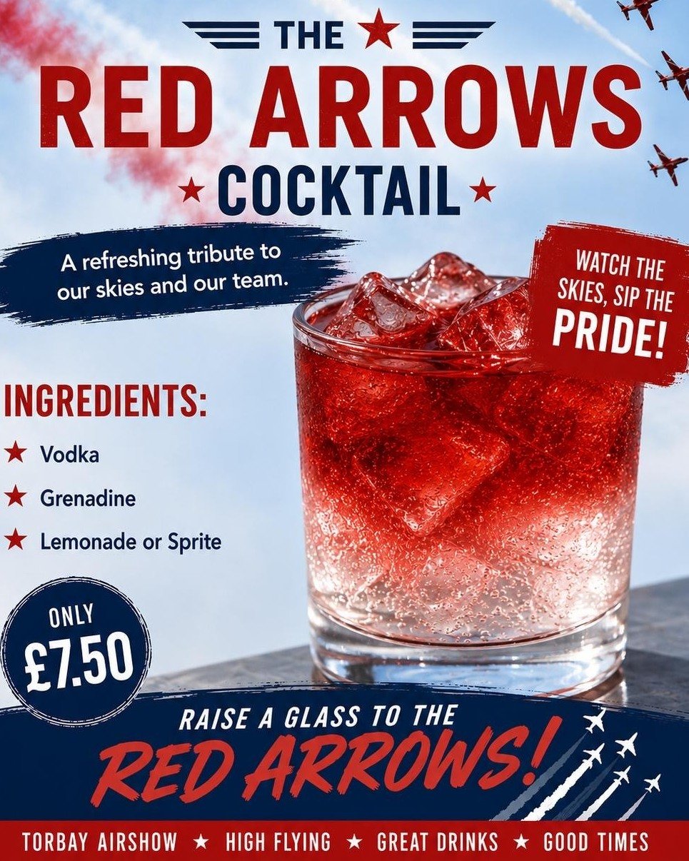 TORBAY AIRSHOW SPECIAL 🍹

Watch the skies and sip with pride!
Introducing our Red Arrows Cocktail &mdash; a bold, refreshing tribute to the iconic display team lighting up the skies this airshow season❤️💙

Only &pound;7.50 at ibis Styles Paignton

