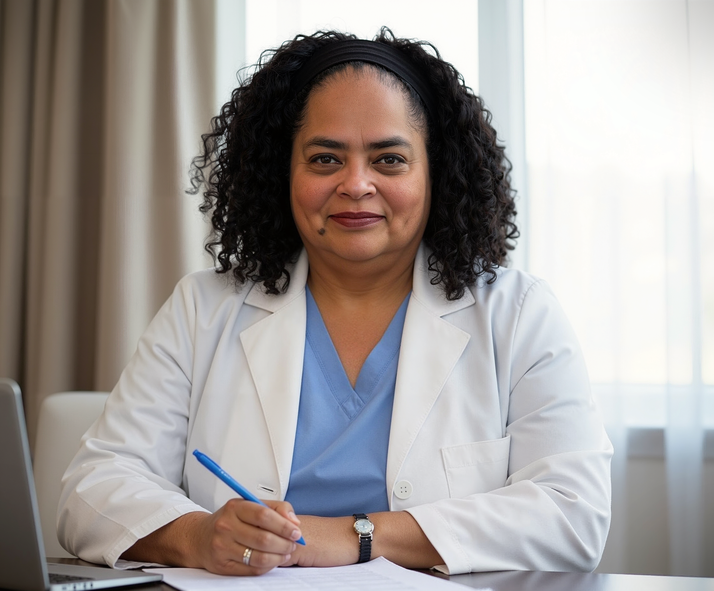 Rosa K. Tousent, DNP, APRN, PMHNP-BC, a woman integrative mental health provider in Florida wearing a white coat and blue scrubs, sitting at a desk with a pen in her hand, in a well-lit office.