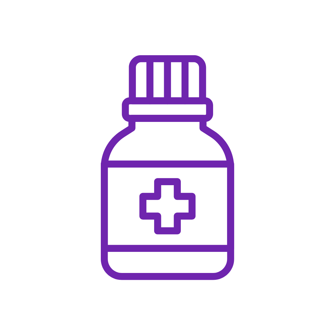 Medication management services in Florida - Purple outline of a medicine bottle with a medical cross symbol on it, against a black background.