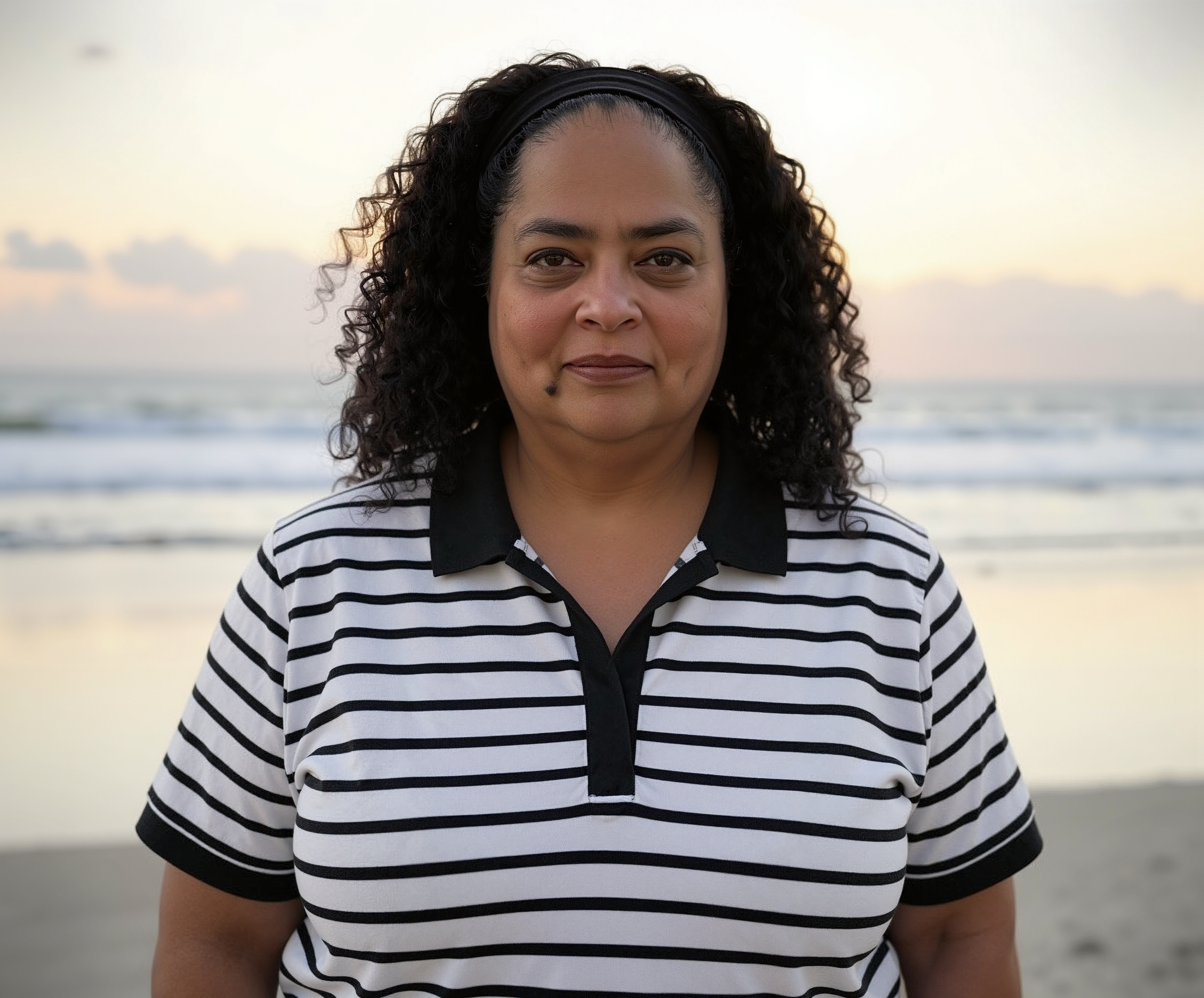 Rosa K. Tousent, DNP, APRN, PMHNP-BC integrative mental health provider in Florida standing on the beach at sunset, showing a welcoming, calming atmosphere