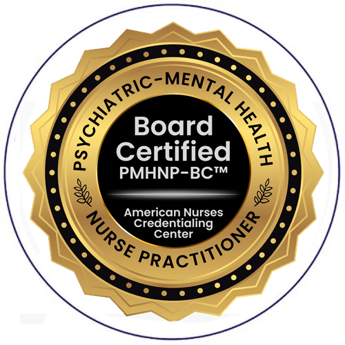 A circular badge with a gold and black design that reads "Board Certified PMHNP-BC, American Nurses Credentialing Center, Nurse Practitioner, Psychiatric-Mental Health".
