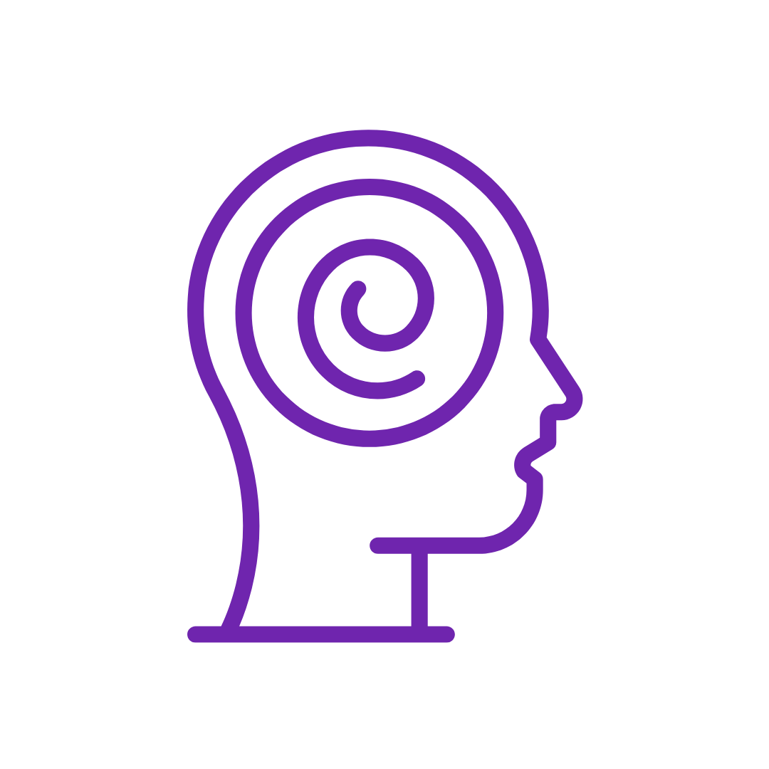 Motivational interviewing services in Florida - Line drawing of a human head profile with a spiral inside the head, symbolizing thought or mind, in purple on a black background.