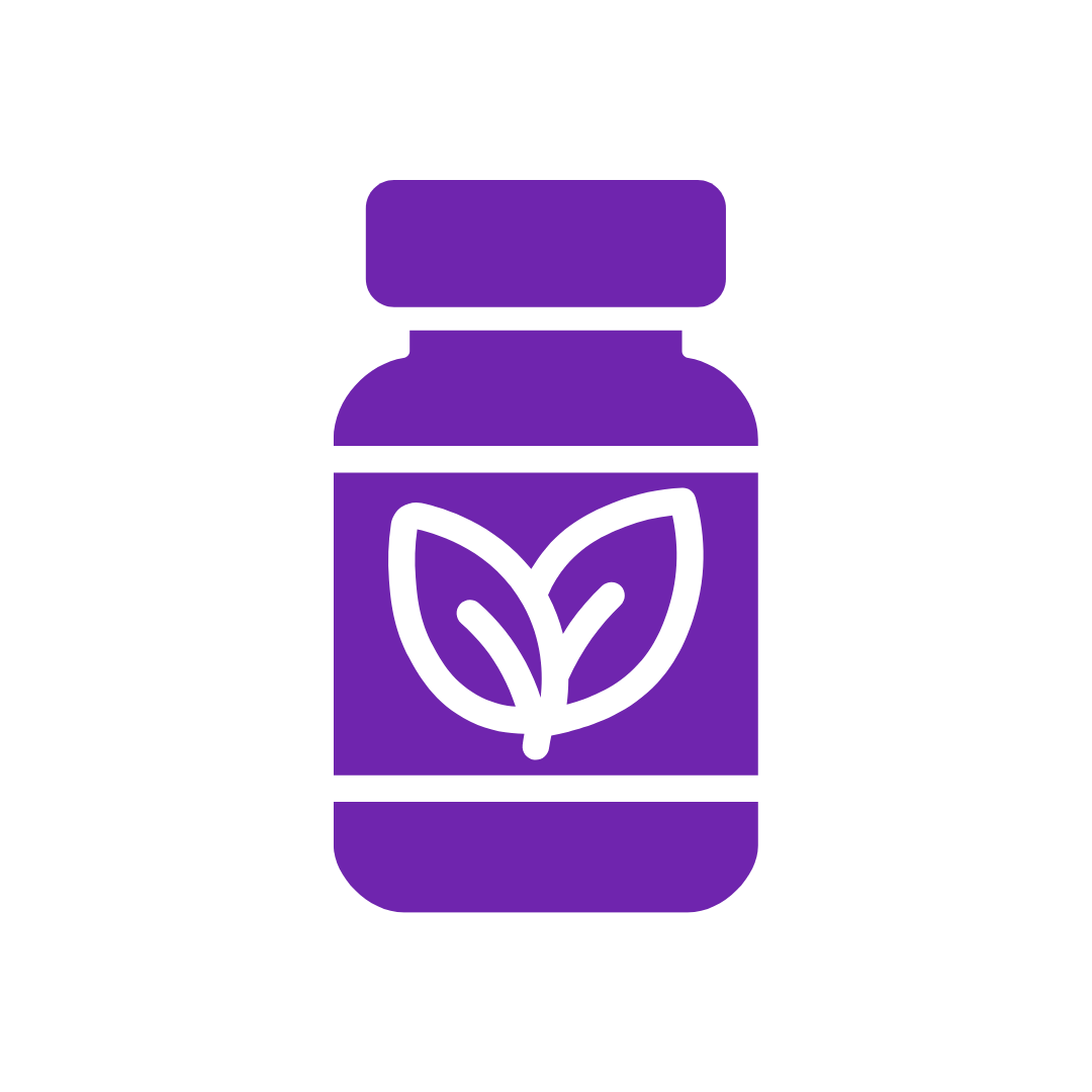 Supplements and nutraceuticals services in Florida - Icon of a purple supplement bottle with a leaf symbol on the label.