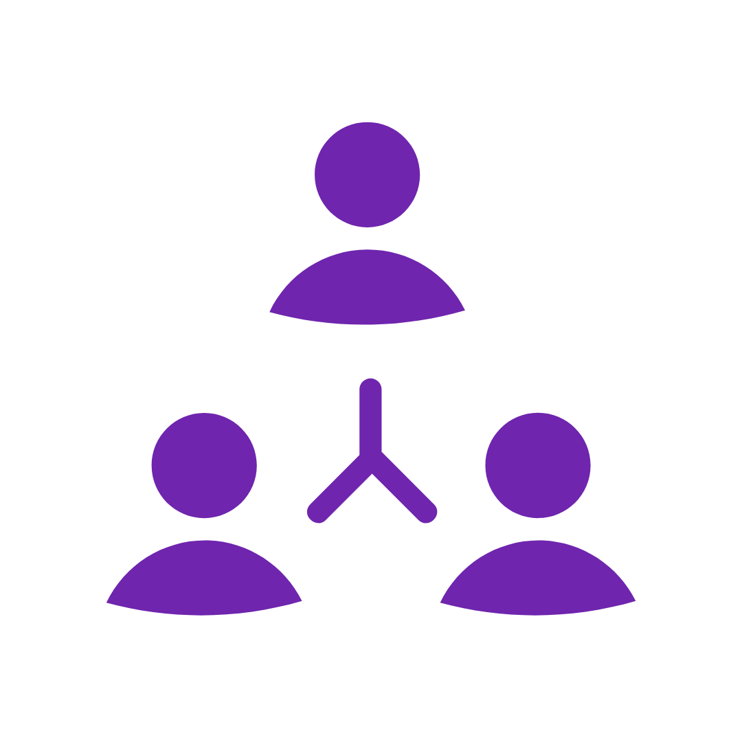 Family & Parent counseling services in Florida - Icon depicting three purple human figures connected by a purple network diagram in the center, representing a team or collaboration.
