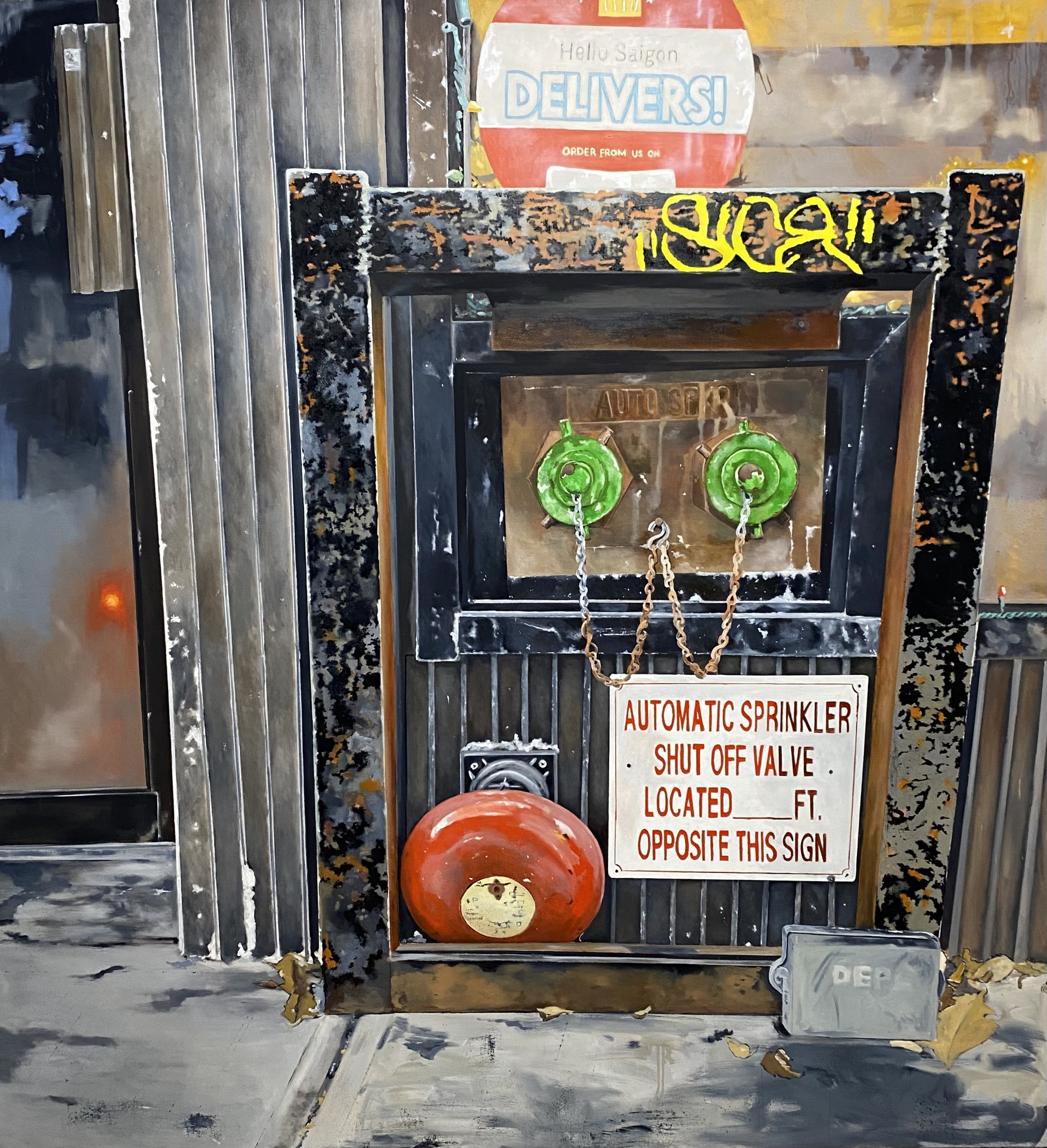 Double Green Sprinkler (No. 3), oil on canvas, 84 x 77 in., 2025