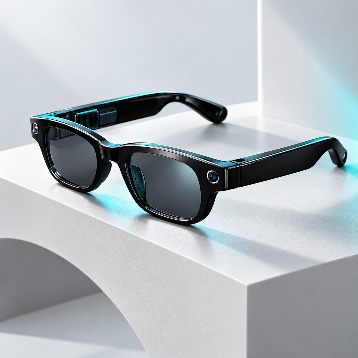 Futuristic black sunglasses with built-in cameras and dark lenses, placed on a white surface with a soft blue light reflection.