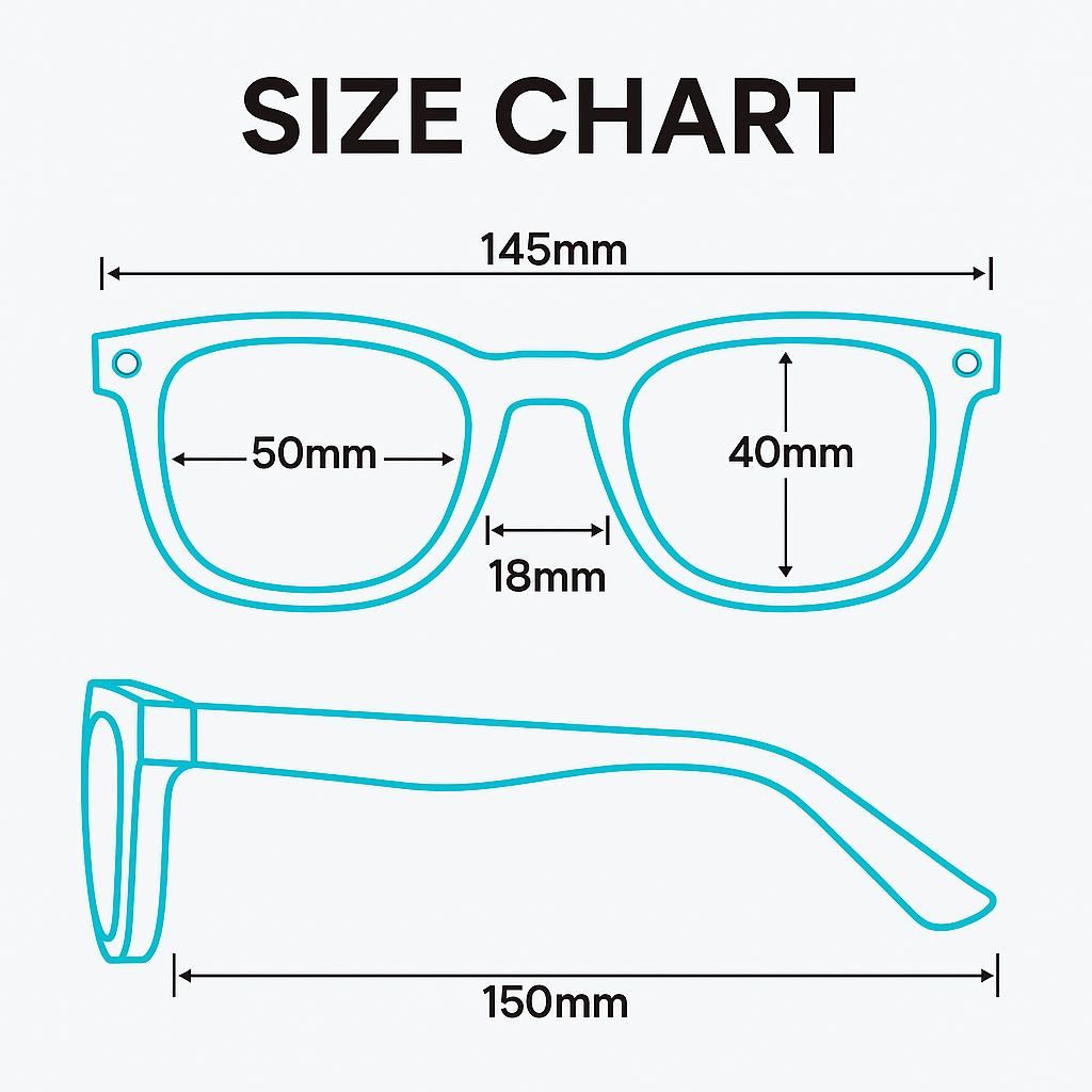 BZOO smart glasses size chart diagram showing lens width, bridge width, temple length, and frame width measurements for fit reference.