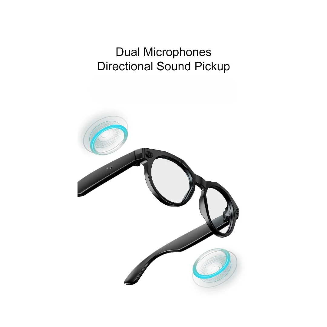 BZOO smart glasses side view showing built-in open-ear audio speakers in the temple