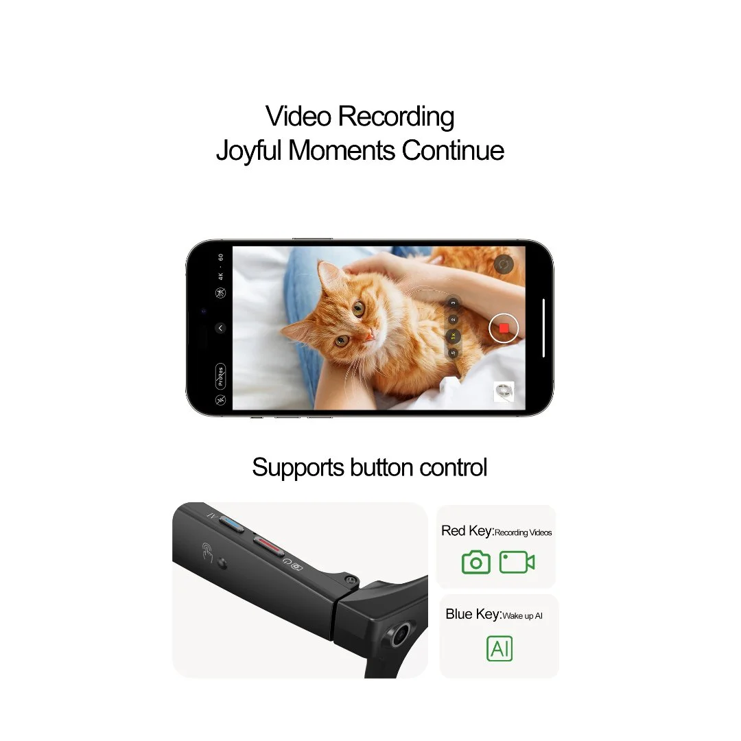 Buttons view of BZOO smart glasses that can be used for recording, shooting, calls, and AI