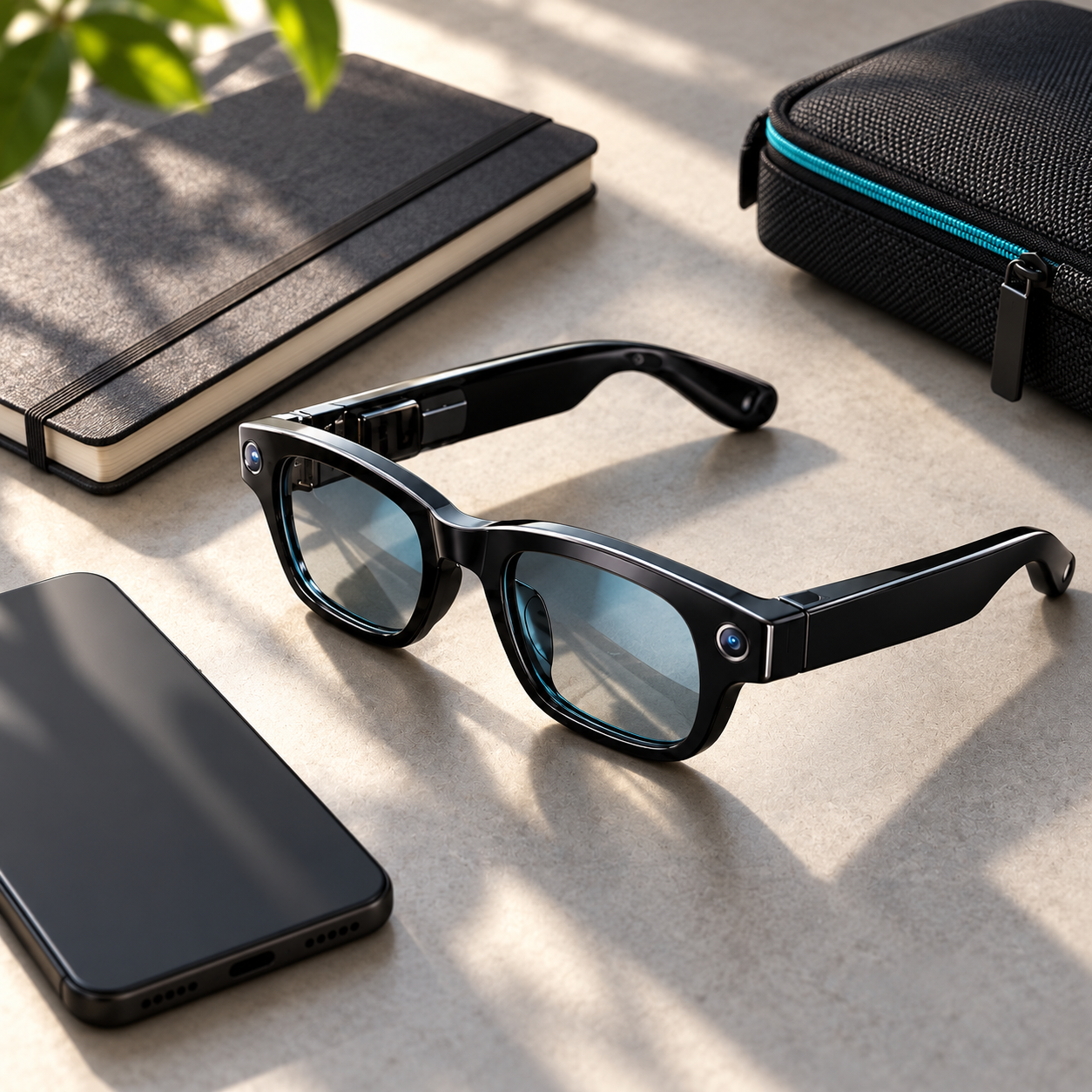 Black sunglasses with blue-tinted lenses on a beige surface, with a closed black smartphone, a black notebook, and a black carrying case with blue zipper nearby.