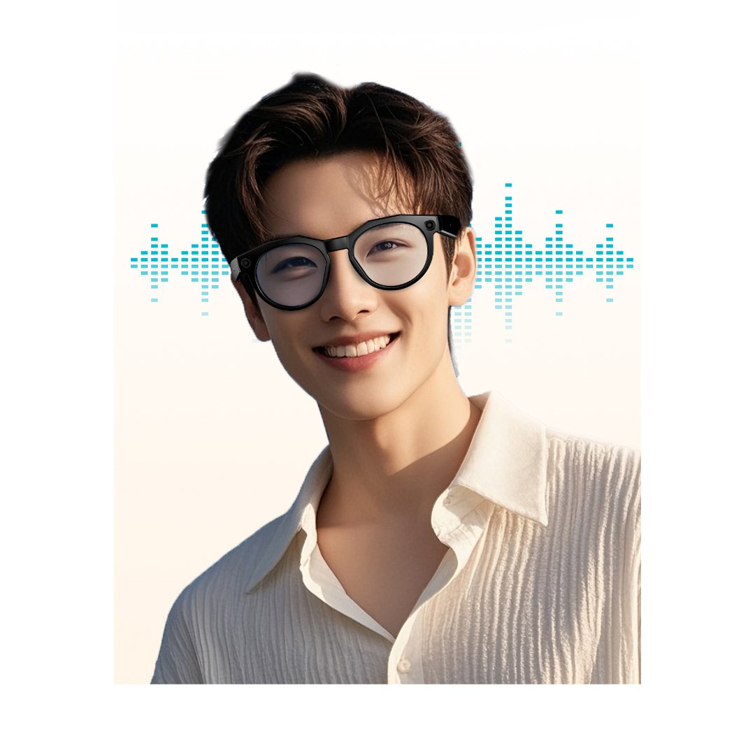 A smiling young person wearing glasses and a white shirt, with a sound wave graphic in the background.