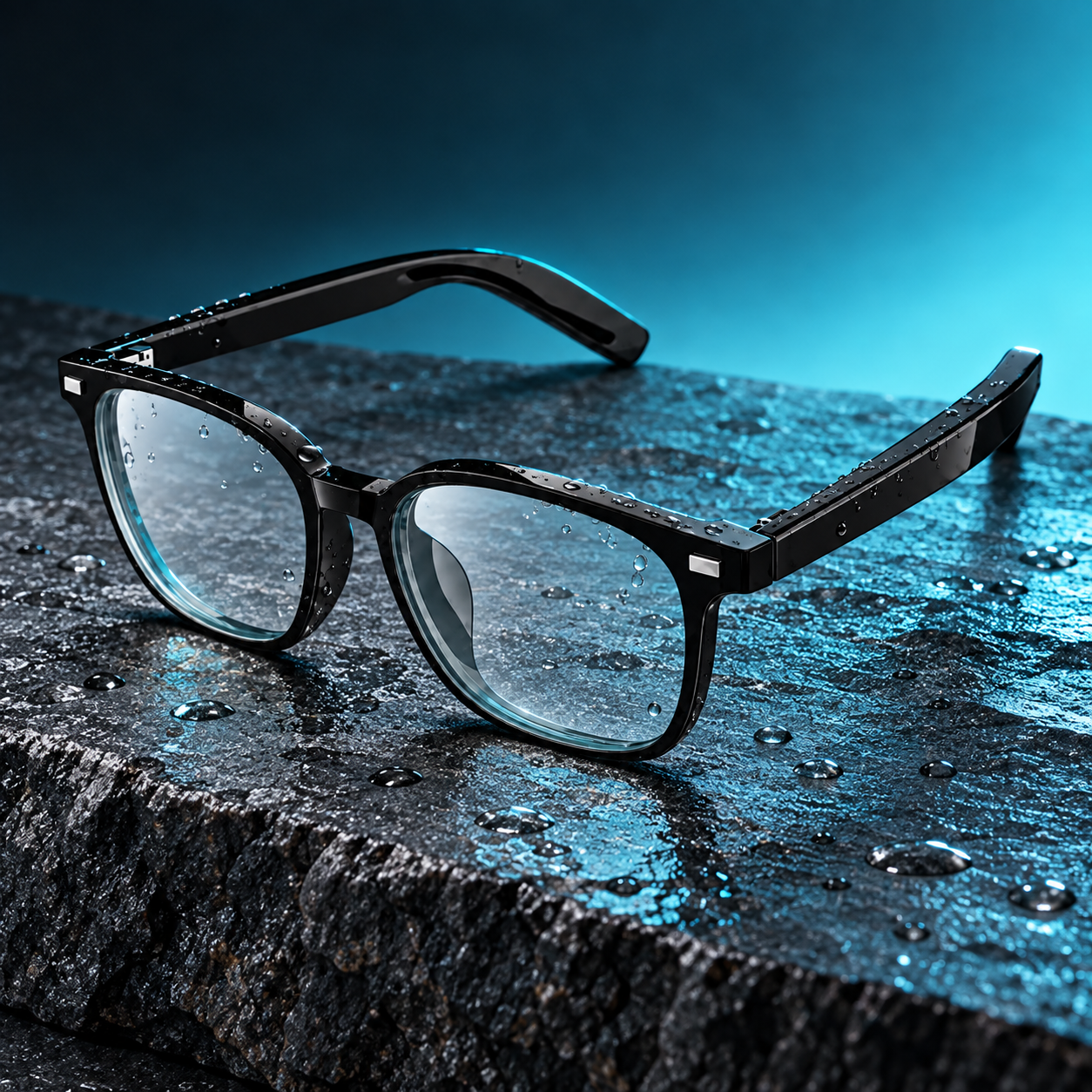 A pair of black-framed eyeglasses with water droplets on the lenses, resting on a wet, textured surface with a blue-toned background.