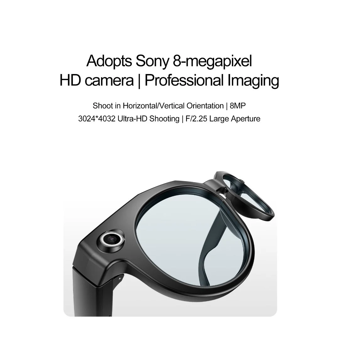 Camera view of BZOO smart glasses with a clean, modern eyewear design