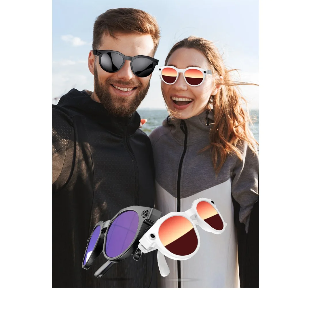 A man and woman smiling outdoors with sunglasses, with additional images of smart glasses and sunglasses overlaid.