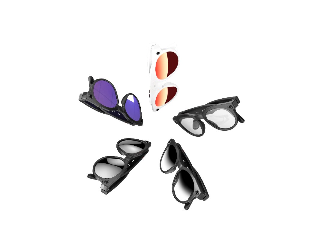 Five pairs of sunglasses arranged in a circle on a white background.