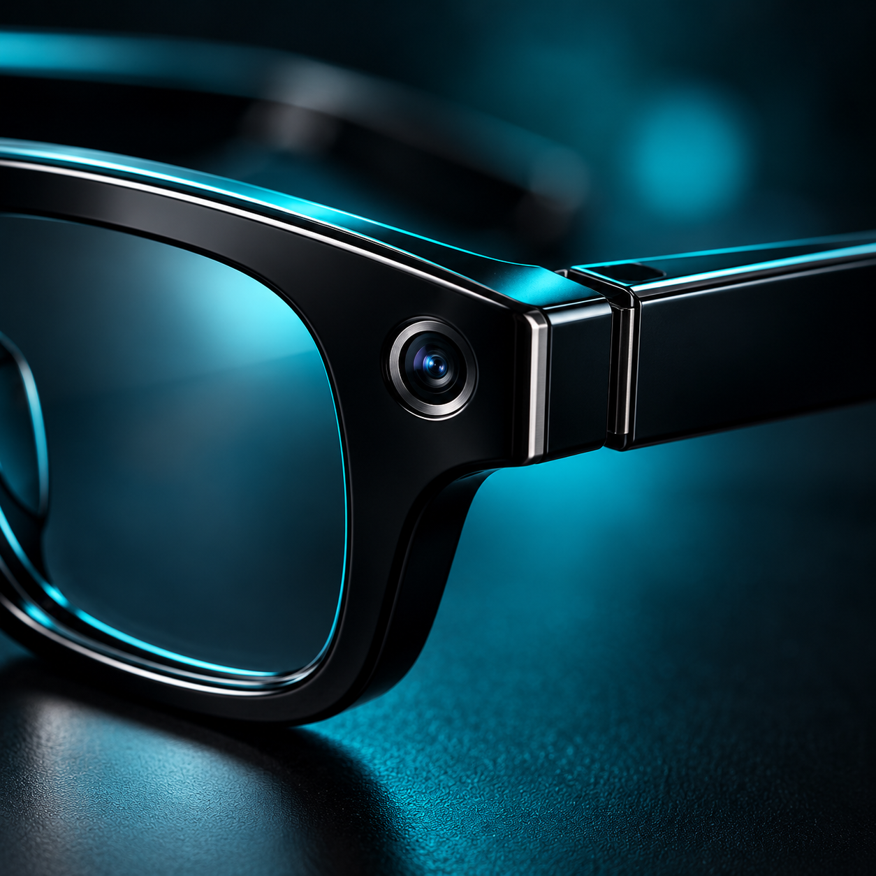 Close-up of a sleek, futuristic pair of AR glasses with a camera on the side, illuminated by blue lighting.