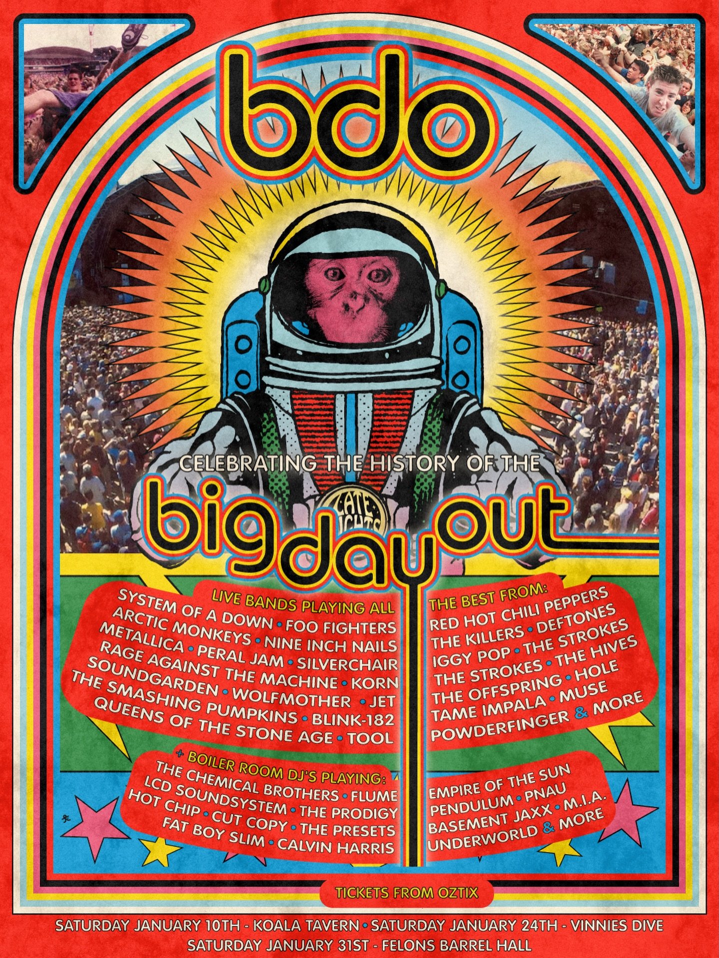 JUST ANNOUNCED; Time to step back into the glory days of Big Day Out this summer. Our annual BDO tribute parties are back, taking over venues across Queensland with live bands and DJs hitting you
with the songs that defined a generation of Aussie Mus