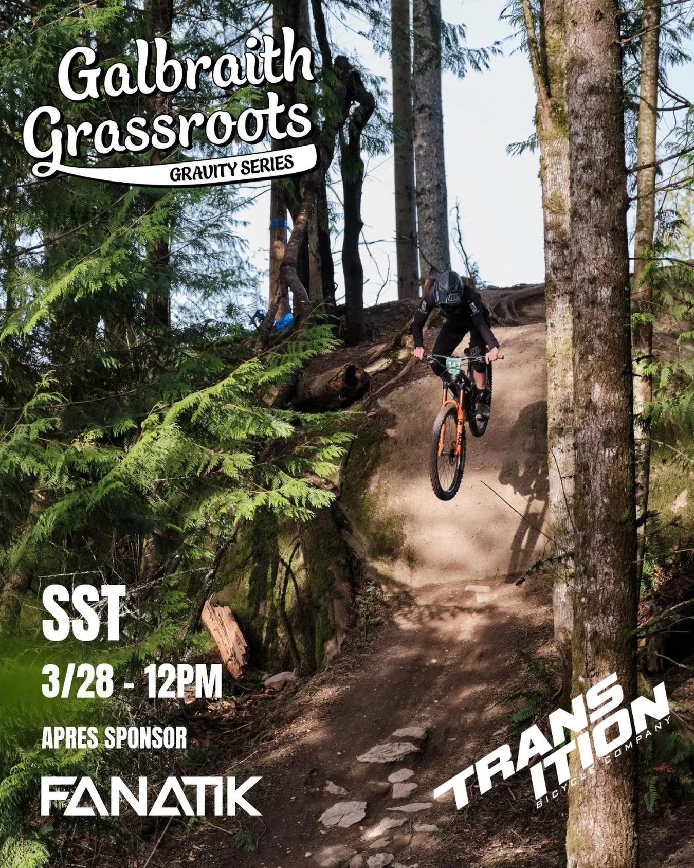 Race 2 of our 2026 Galbraith Grassroots Gravity Series is tomorrow at 12PM on SST! Huge thanks to our title sponsor @transitionbikes and the apr&eacute;s sponsor @fanatikbikeco. The weather looks great and we have over 90 18U racers dropping!