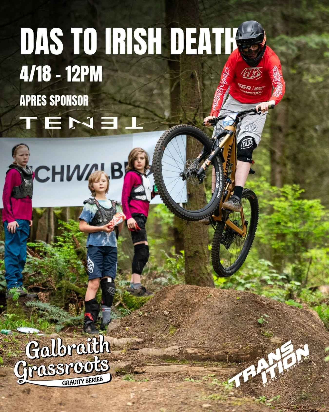 Race 4 of our 2026 Galbraith Grassroots Gravity Series is tomorrow at 12PM on Das Autobahn to Irish Death! Huge thanks to our title sponsor @transitionbikes and the apr&eacute;s sponsor @ride_tenet. This should be an exciting race and probably our mo
