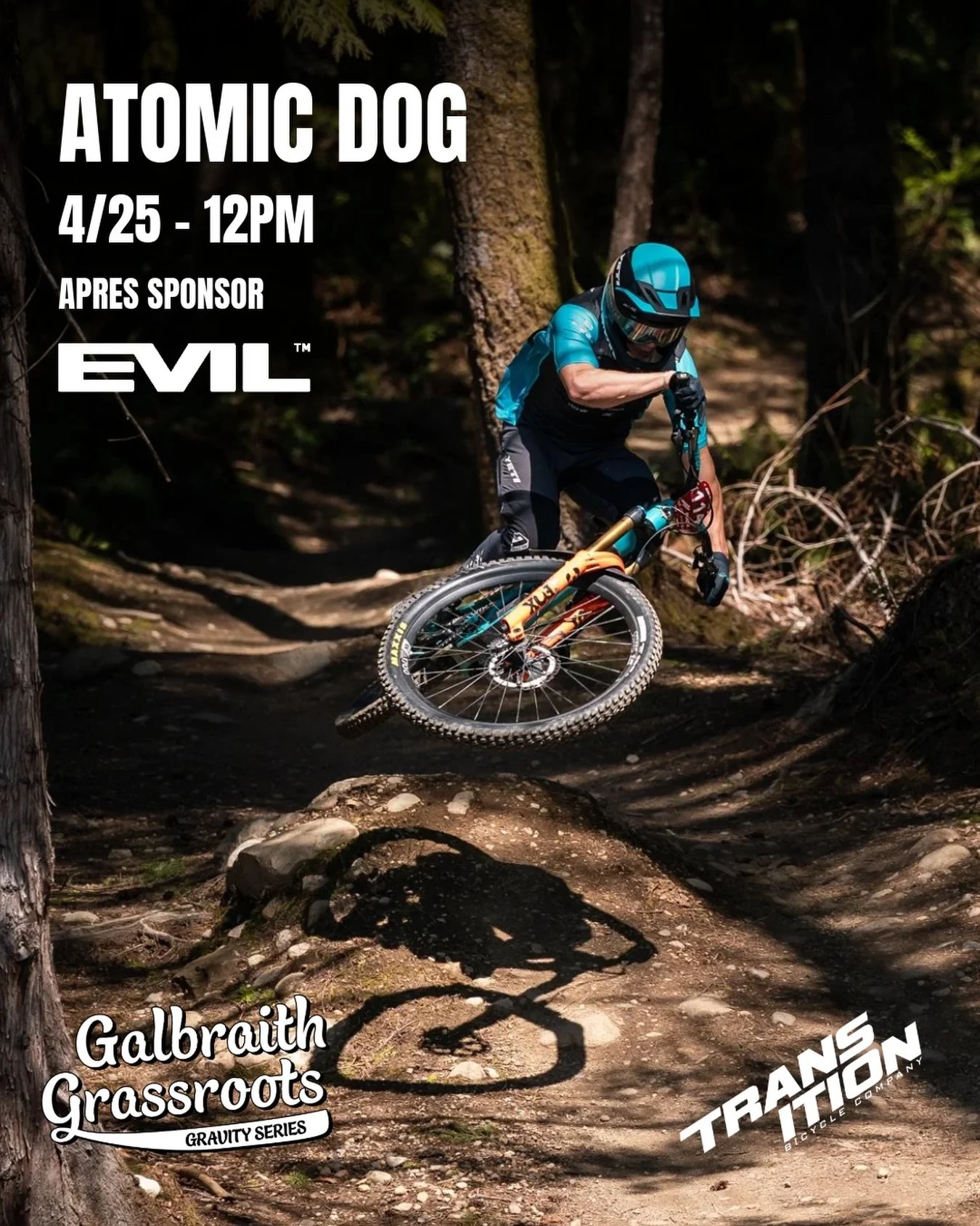 Race 5 of our 2026 Galbraith Grassroots Gravity Series is today at 12PM on Atomic Dog! Huge thanks to our title sponsor @transitionbikes and the apr&eacute;s sponsor @evilbicycles. We have 113 racers registered, looking forward to an exciting day of 