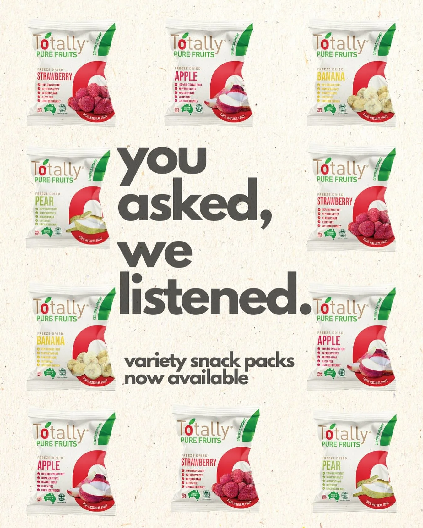 You asked, we listened! 🤩 

Variety snack packs are LIVE! Inclusive of Apple, Pear, Strawberry and Banana (3 packets each) - the perfect mix of all your favourites 🍓

AND for the next 2 days only, enjoy 10% off with code: SNACKSAVER10 🛒⏰🍏