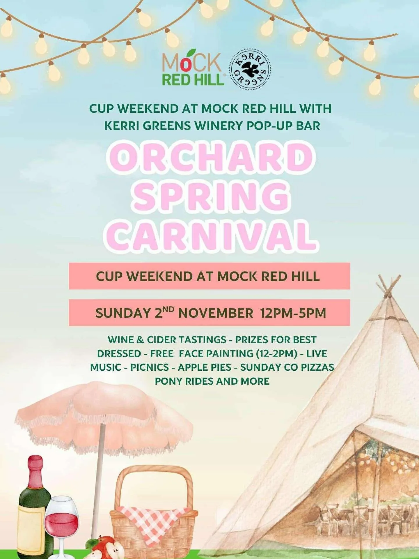 🌸Orchard Spring Carnival🌸 Join @mockredhill for a fabulous family fun day this Cup weekend, on Sunday 2nd November 2025 from 12-5pm. @kerrigreens winery will be popping up at Mock Red Hill under the Giant Nordic Tipi, amongst the apple orchards, fo