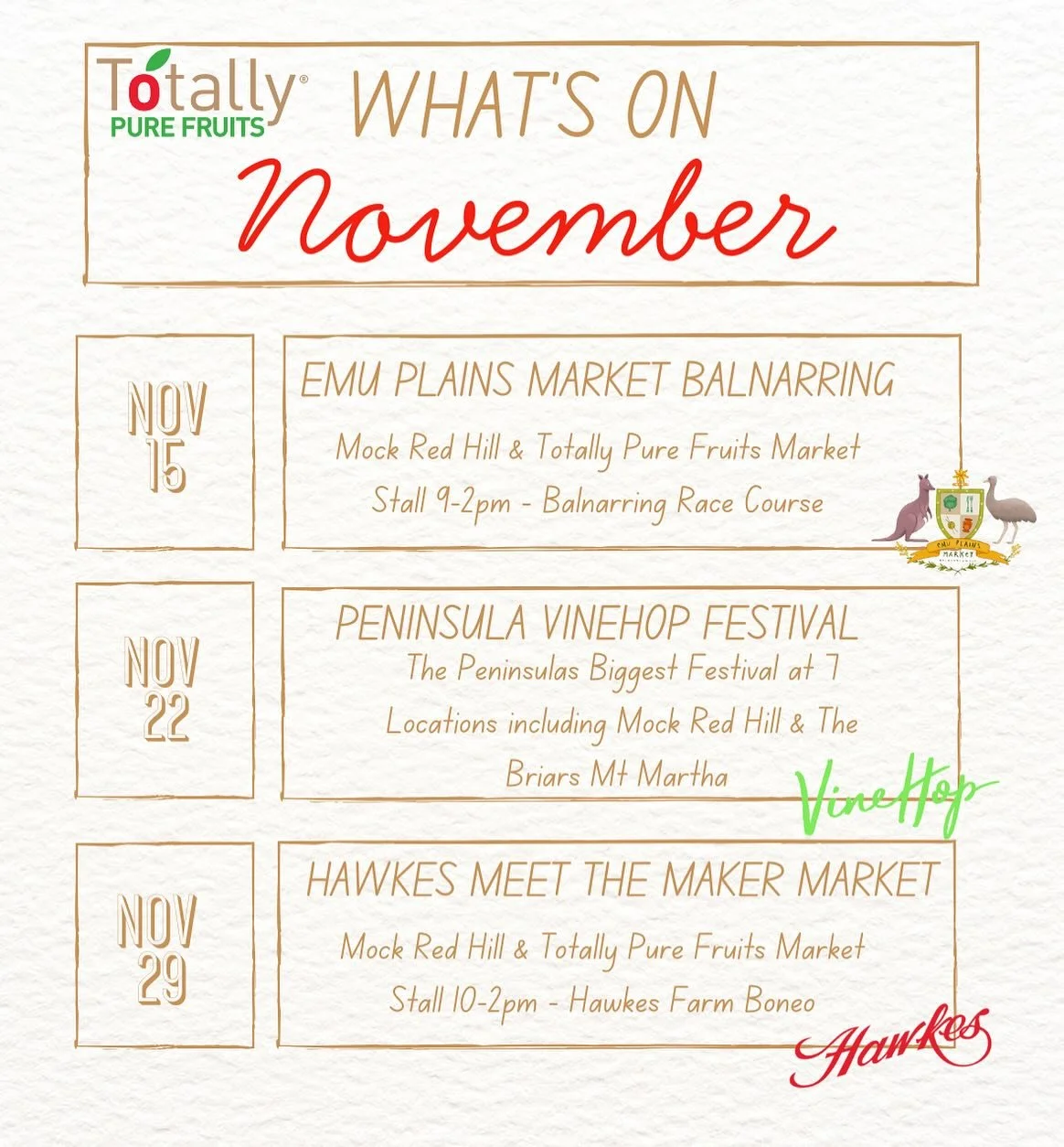 We&rsquo;ve already had such a fantastic November with the Red Hill Market and the Mock Red Hill Orchard Spring Carnival,  but the fun&rsquo;s not over yet! 🎉

Catch us at the Emu Plains Market this Saturday, then join us for Peninsula VineHop at Mo