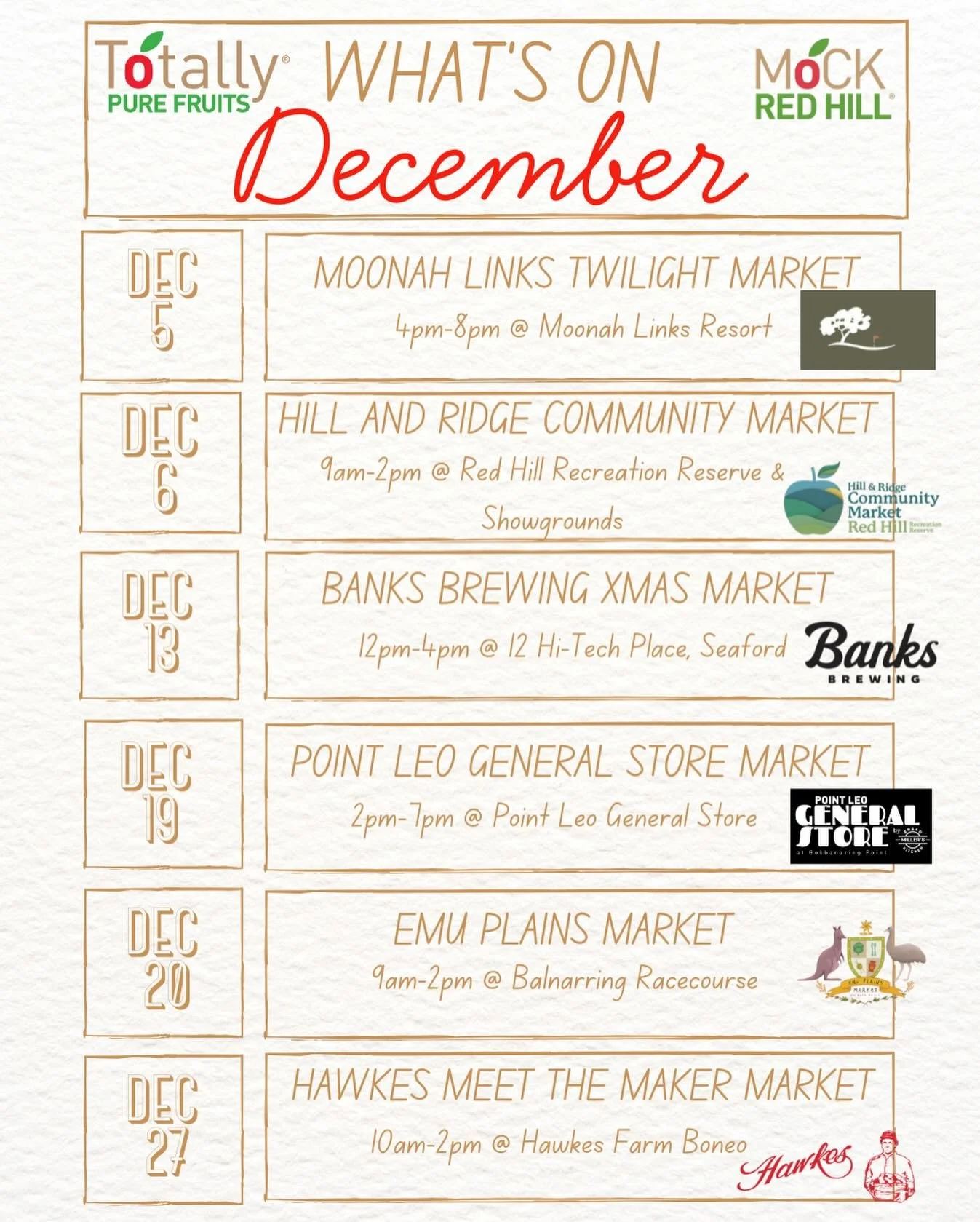 Holiday market season is here! 🎄

You&rsquo;ll find us across 6 markets during December making it the perfect time to grab your favourite freeze dried fruit snacks or juices and ciders! 😋

We can&rsquo;t wait to see you 🎊🙌