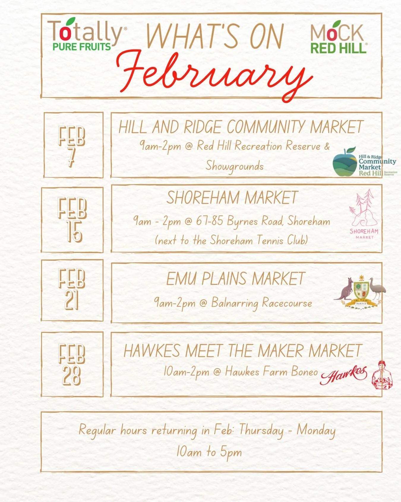 February market schedule 🗓️

We will be at four markets over the month of February, the first being the Hill and Ridge Community market on 7th of February, followed by the Shoreham market, the Emu Plains market, and the Hawks meet the maker market.
