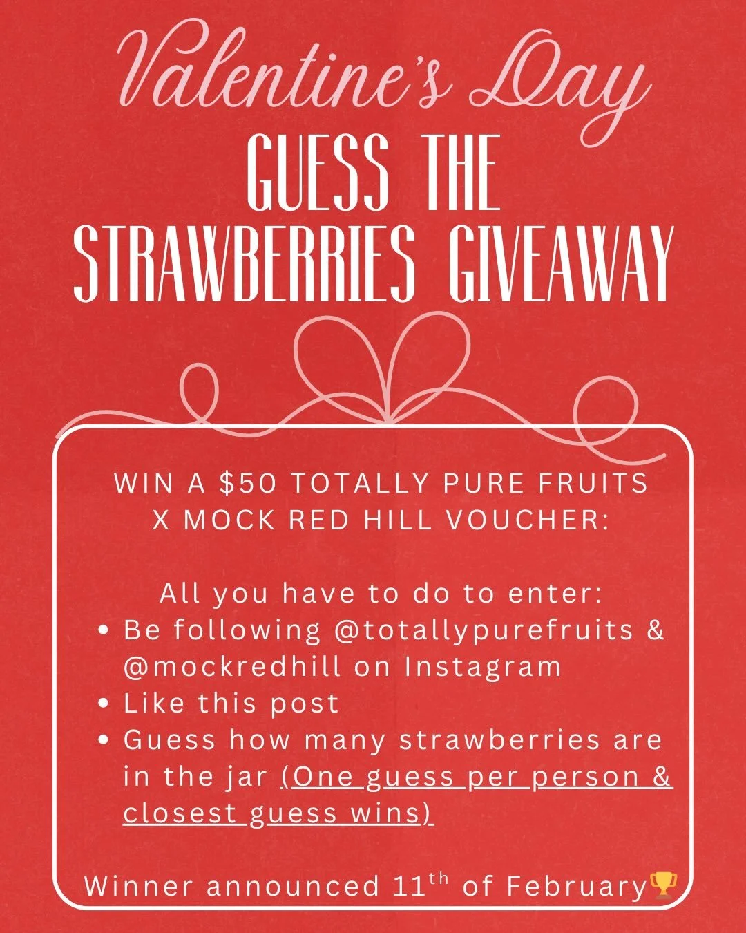 🍓 GUESS THE STRAWBERRIES 🍓

We are putting your guessing skills to the test! Comment your guess of how many strawberries are in the jar to win a $50 voucher, just in time for Valentine&rsquo;s Day 💝💌

You must be following @totallypurefruits and 