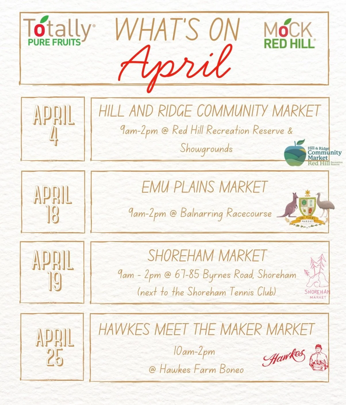 We will be at 4 markets across the month of April alongside @mockredhill, we can&rsquo;t wait to see you all there 🍎💛