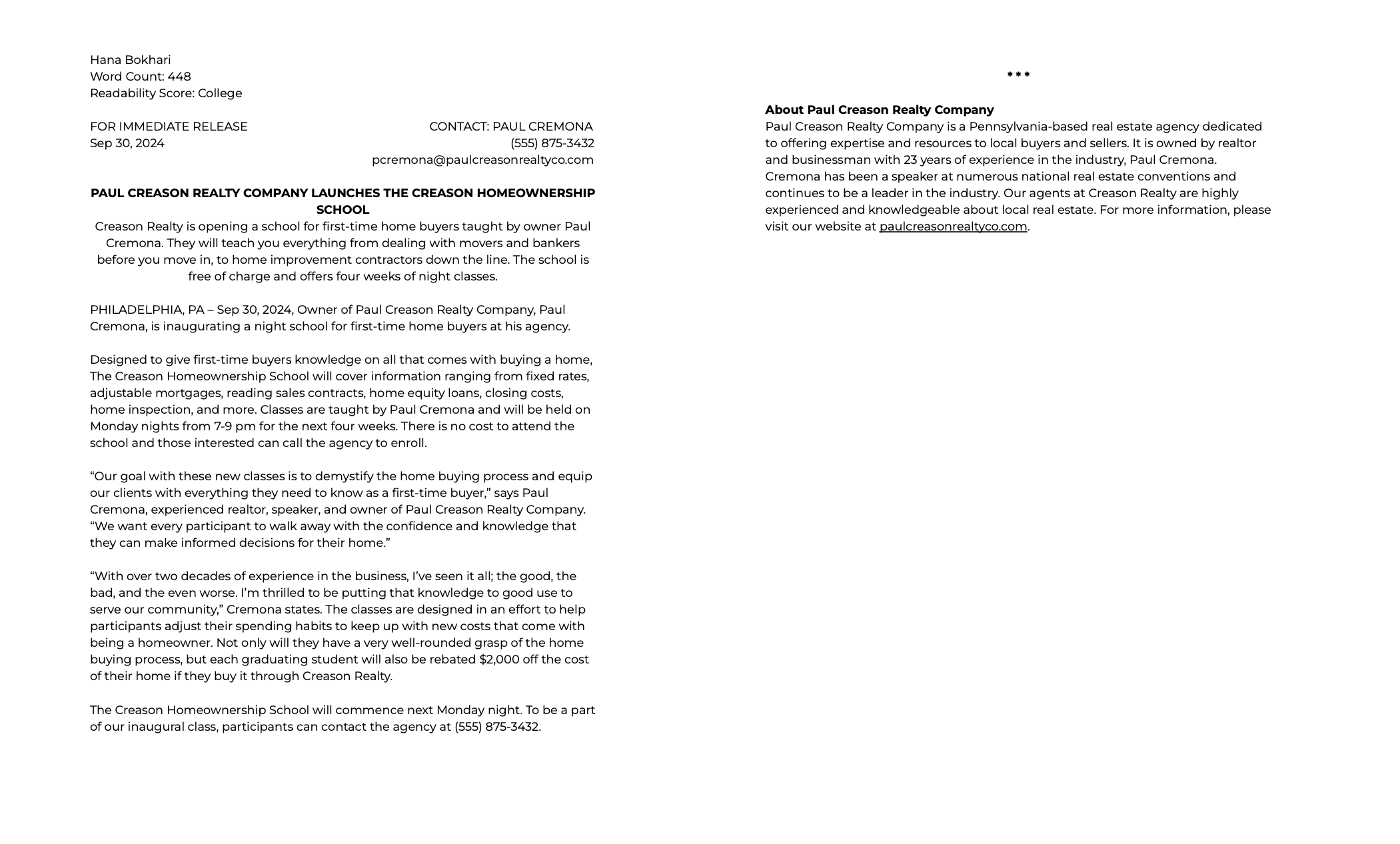 Writing Sample: Press Release