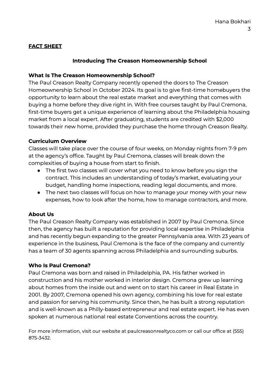 Writing Sample: Fact Sheet