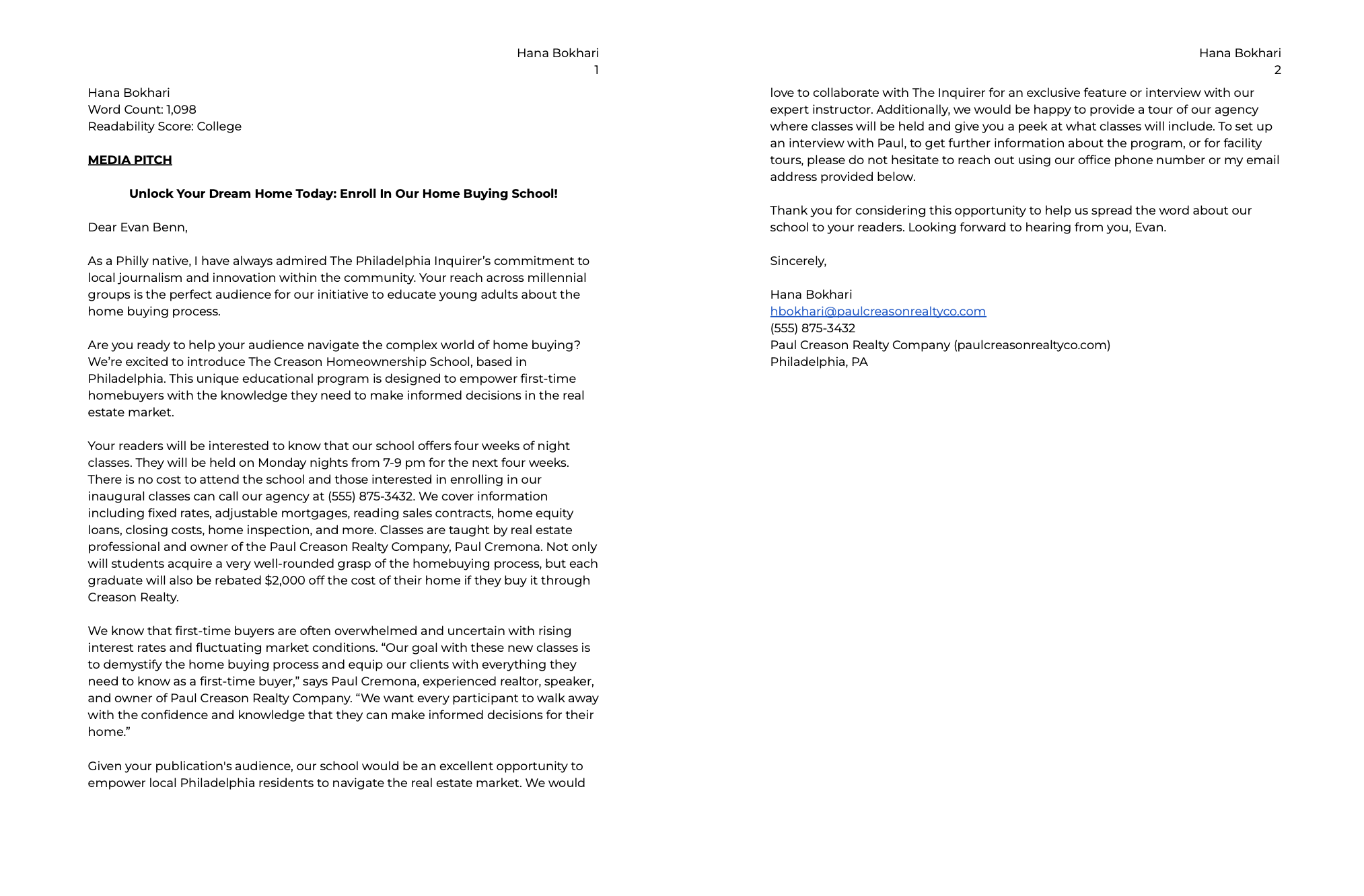 Writing Sample: Media Pitch
