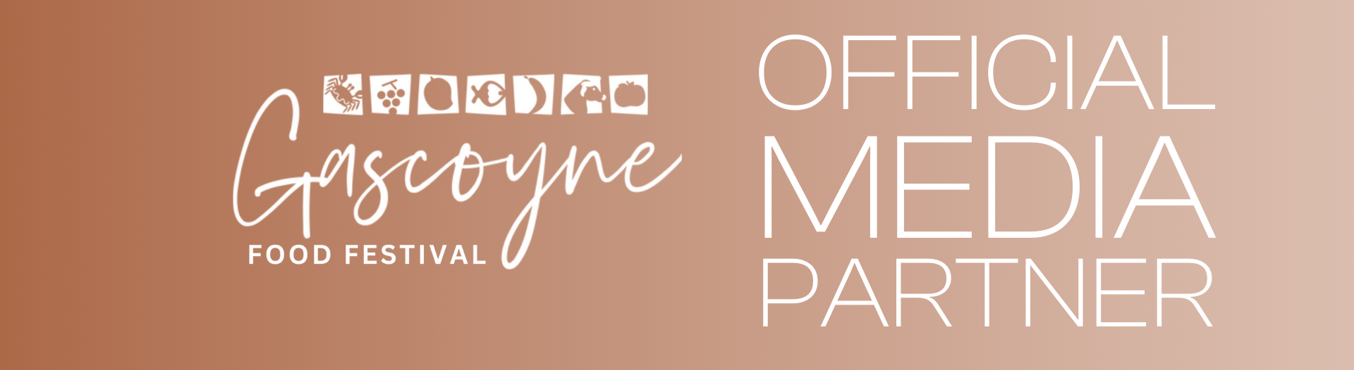 Gosney Food Festival promotional banner with icons of crab, grapes, apple, fish, banana, dog, and pumpkin, and text indicating official media partner.