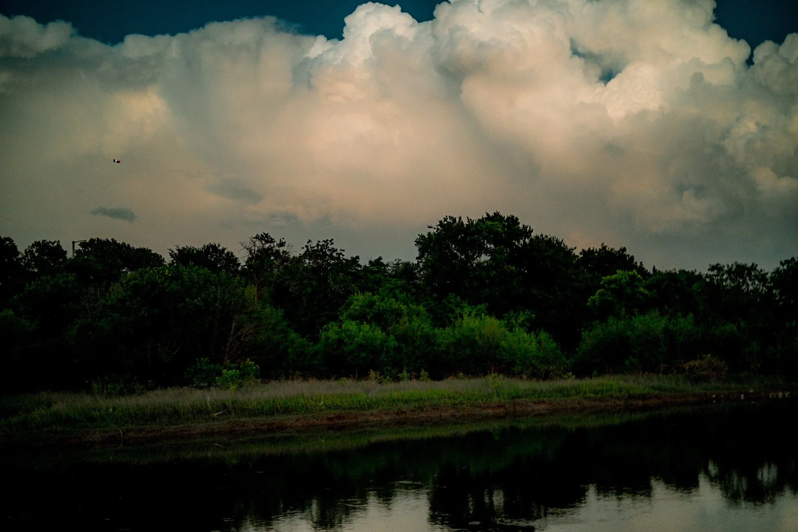 A scenic landscape with a calm water body reflecting the dark trees and lush green foliage along the shoreline, under a cloudy sky with a small airplane flying in the distance.