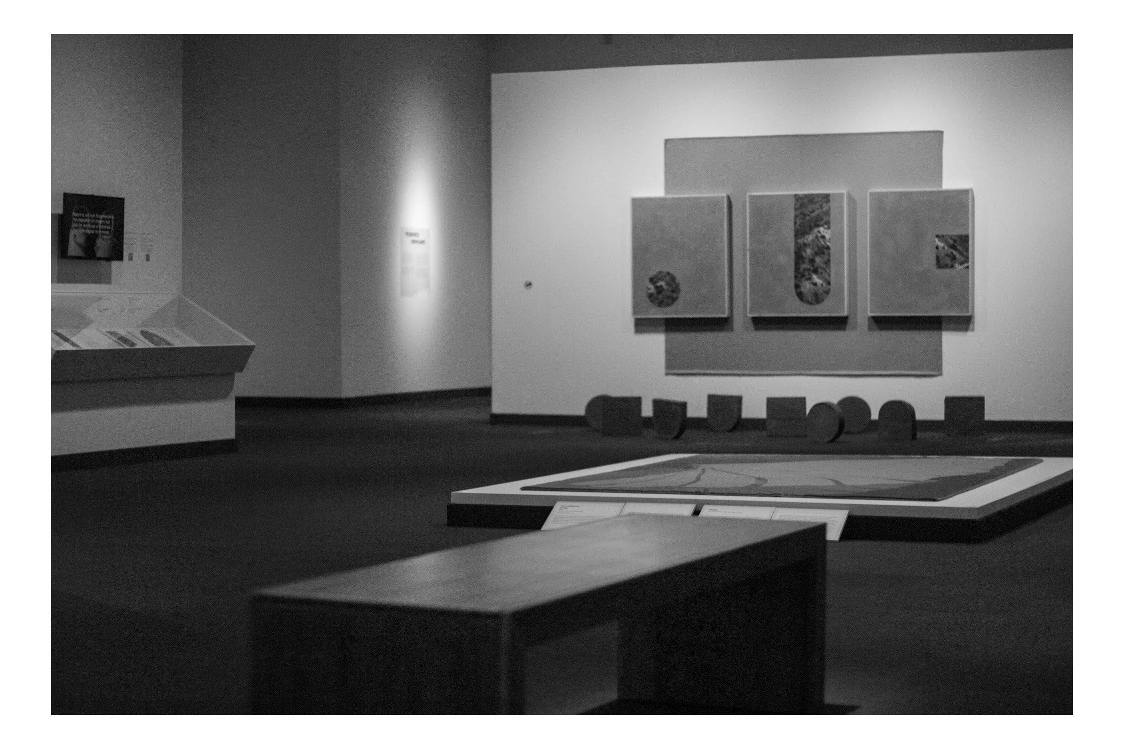 A black and white photo of an art exhibit in a museum, featuring a three-panel artwork on the wall, text panels and display cases for information.