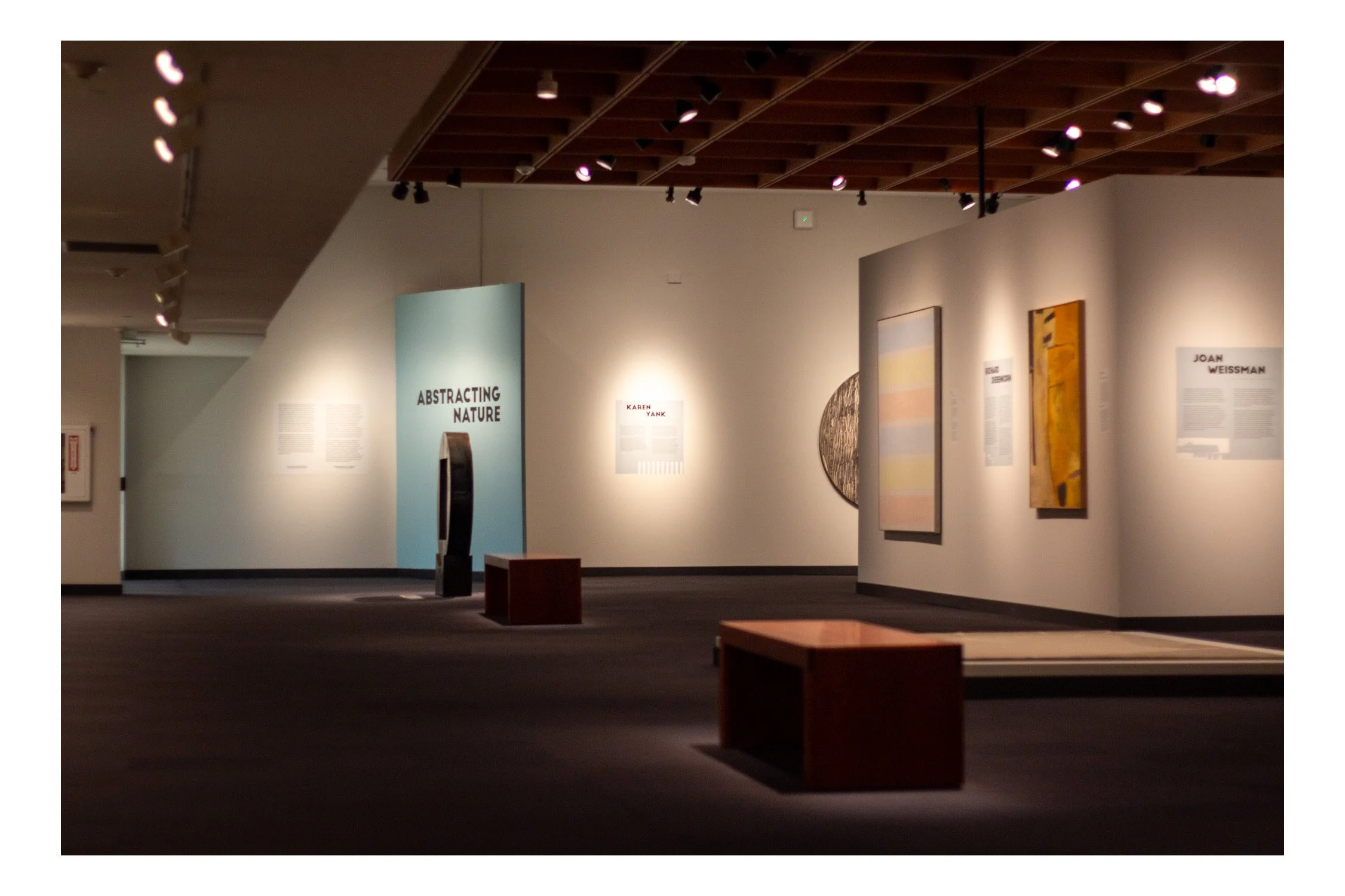 An art gallery with various paintings and information plaques on white walls, wooden benches on dark carpeted floor, and a wooden ceiling with spotlights.