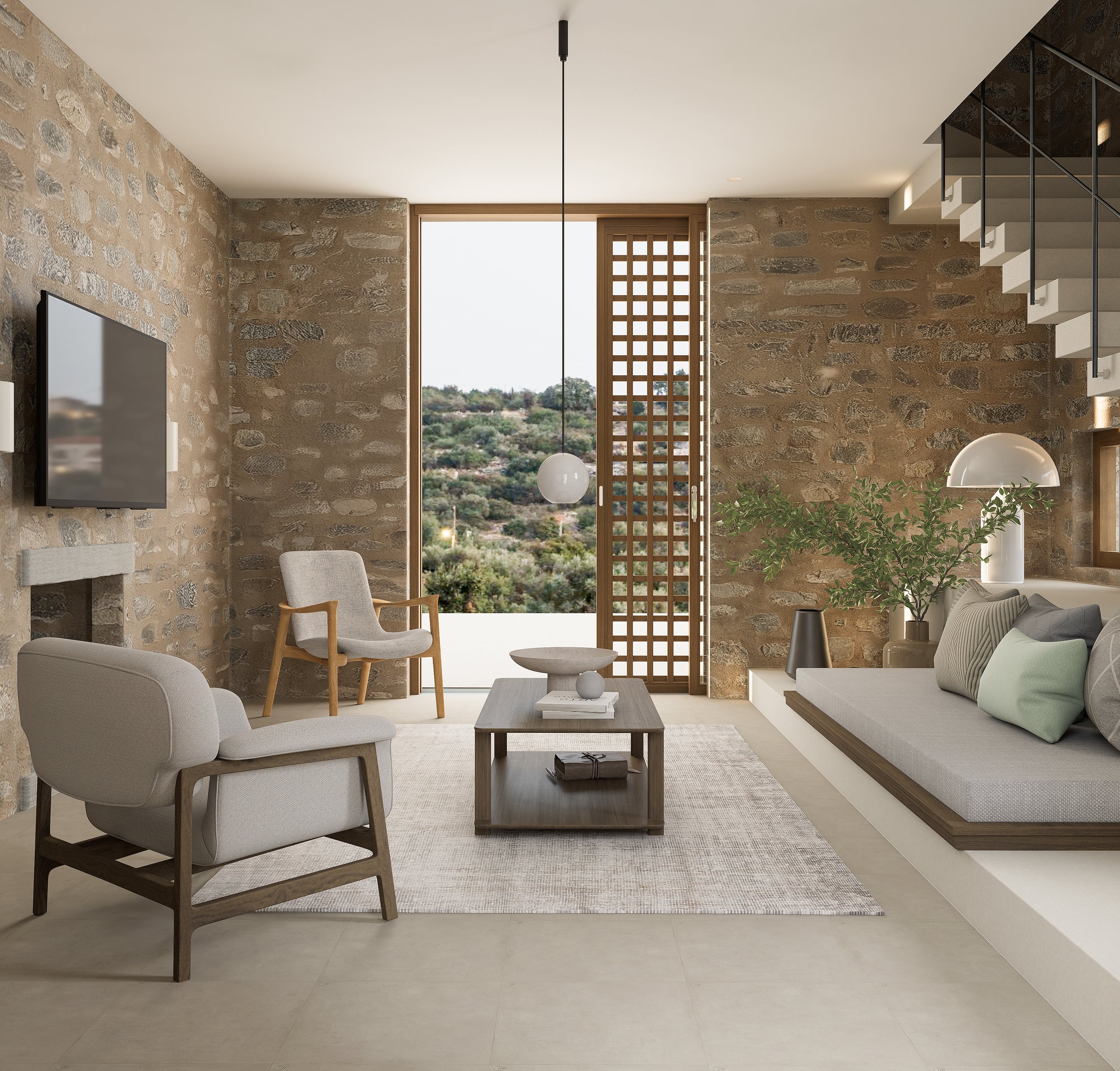 3d rendering living room monolitho mani greece
