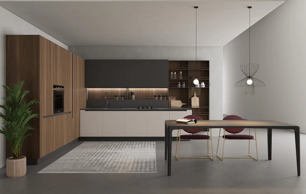 3D render σύγχρονης κουζίνας με ξύλινα ντουλάπια και τραπεζαρία