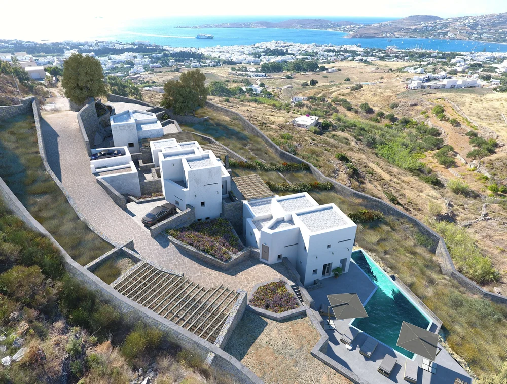 Εναέρια 3D απεικόνιση συγκροτήματος εξοχικών κατοικιών στο Ταξιαρχάκι της Πάρου