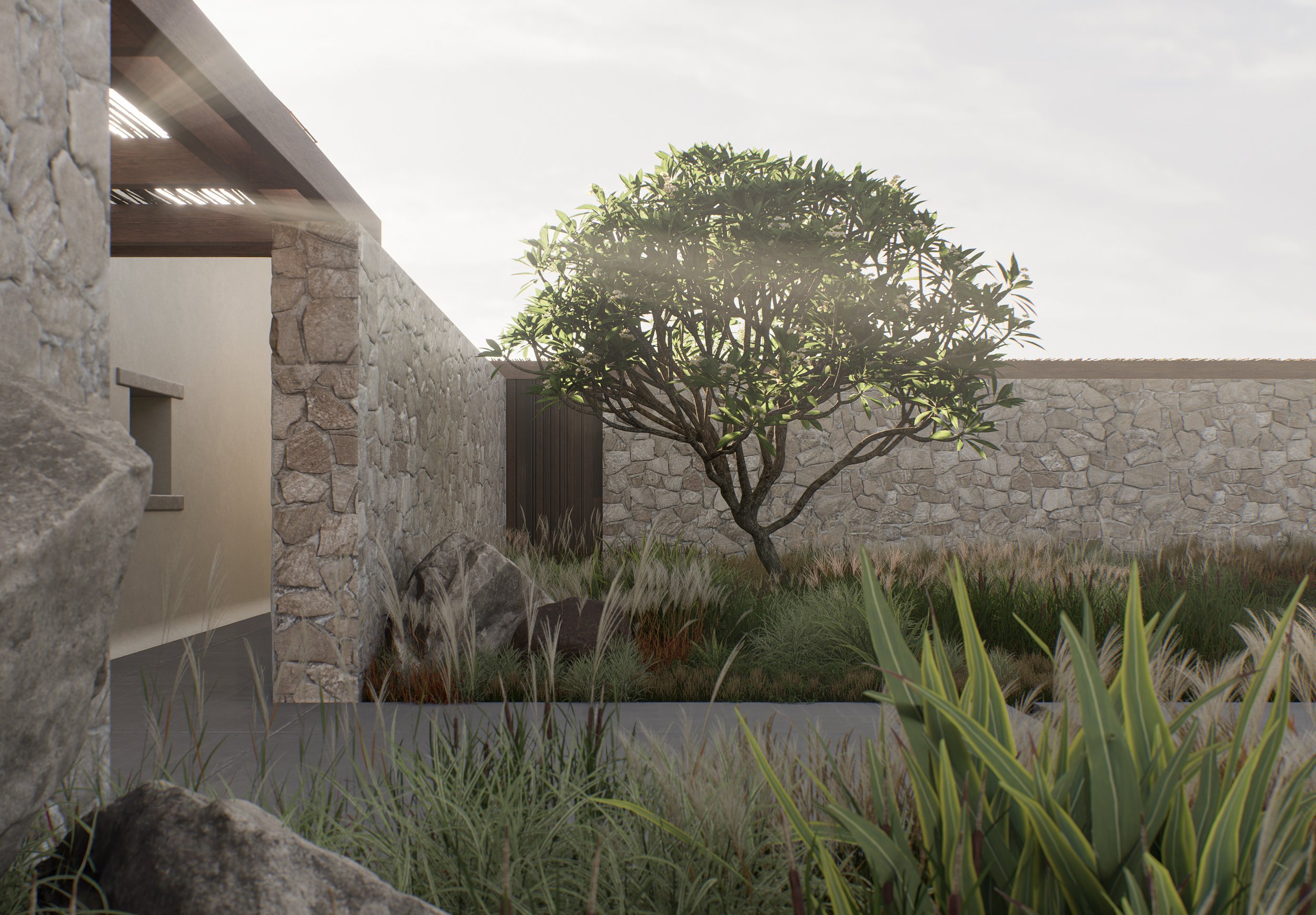 outside the villa mandra in mykonos 3d rendering